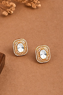 Gold Finish Kundan Polki & Diamond Rectangular-Shaped Stud Earrings