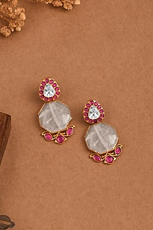 Gold Finish Light Pink Stone Drop Earrings