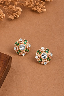 Gold Finish Green & White Stone Stud Earrings