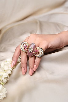 Yellow Gold Finish Kundan Polki & Ruby Stone Ring