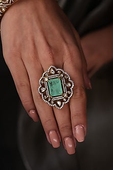 Yellow Gold Finish Kundan Polki & Aqua Stone Ring
