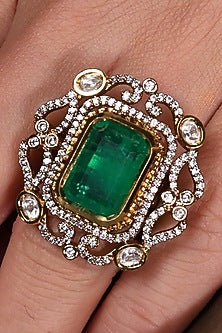 Yellow Gold Finish Kundan Polki & Emerald Stone Ring