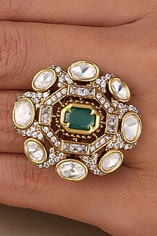 Yellow Gold Finish Green Stone Floral Ring