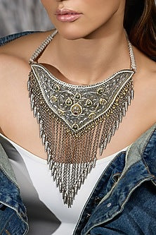 Oxidised Silver Finish Green Stone Choker Necklace