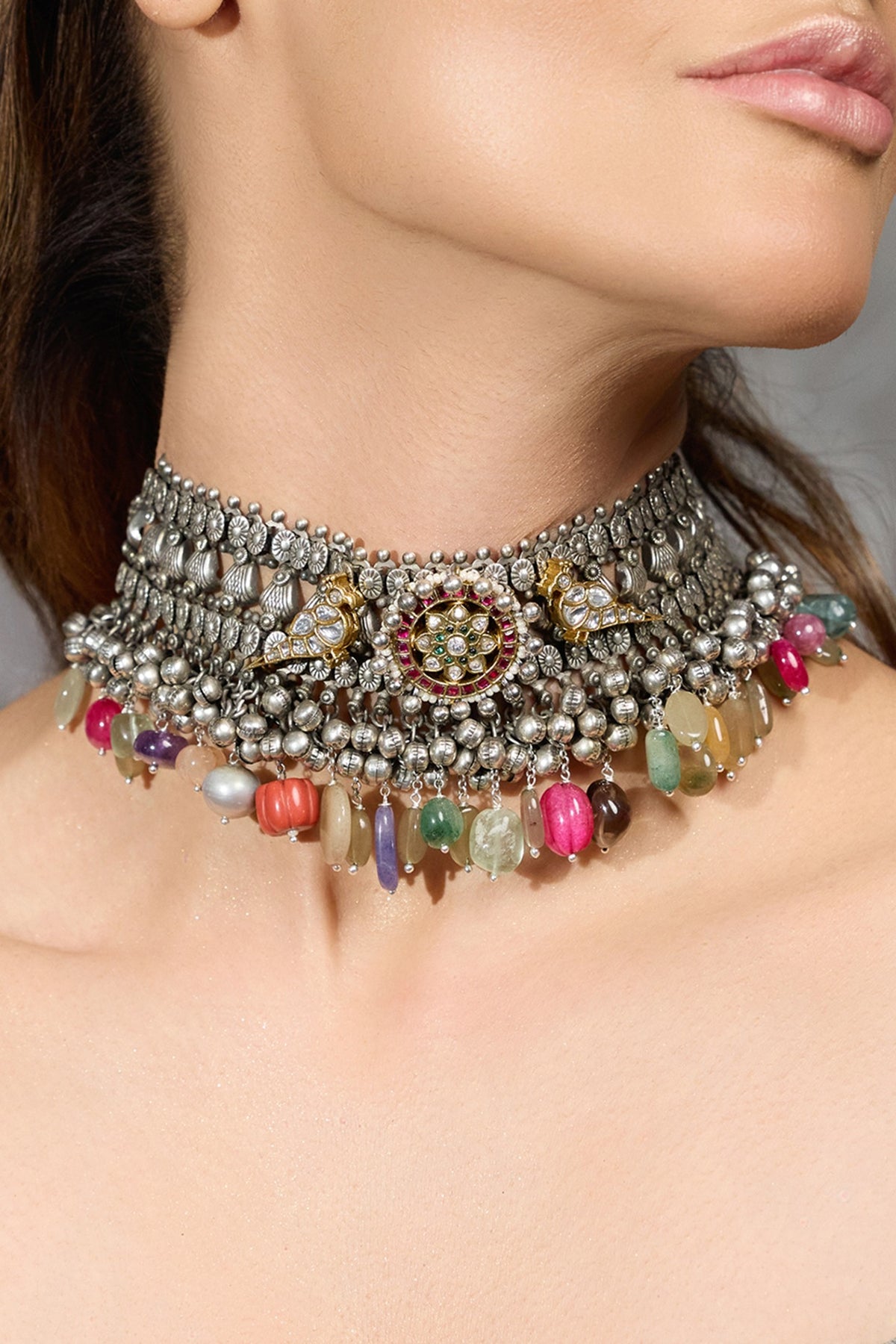 Oxidised Silver Finish Multi-Colored Beaded Choker Necklace