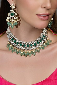 Gold Finish Green & White Stone Necklace Set