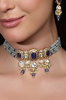 Gold Finish Blue Sapphire Stone Necklace Set
