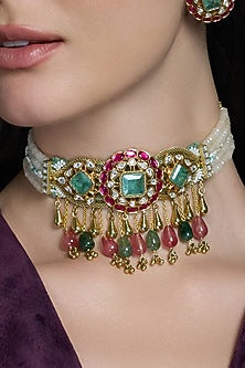Gold Finish Pink & Green Gemstone Necklace Set