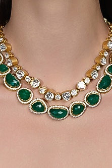 Gold Finish Emerald Green Stone & Crystal Necklace Set