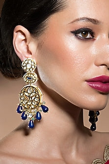 Gold Finish Blue Onyx Drop Earrings
