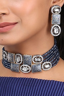 Black Rhodium Finish Kundan & Agates Necklace Set