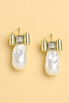 Gold Finish Diamond & Pearl Stud Earrings