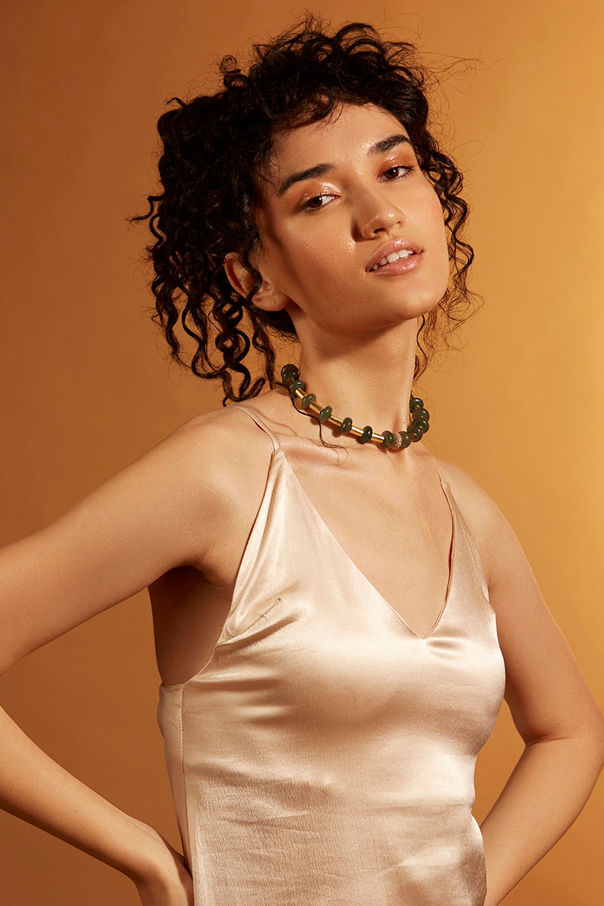 Gold Finish Agate & Jade Choker Necklace