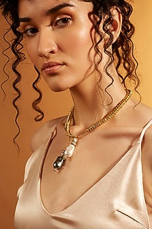 Gold Finish Diamond & Pearl Toggle Lariat Necklace