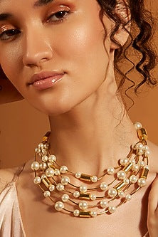 Gold Finish Layered Pearl Choker Necklace