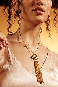 Gold Finish Diamond & Pearl Chain Lariat Necklace