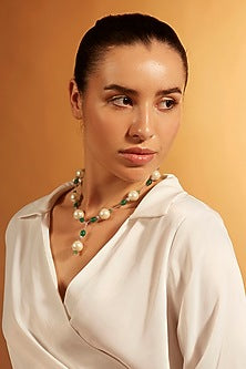 Gold Finish Pearl & Jade Lariat Necklace