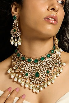 Gold Finish Kundan Polki & Deep Green Stone Necklace Set