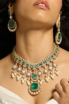 Gold Finish Kundan Polki & Green Stone Necklace Set