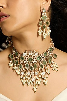 Gold Finish Kundan Polki & Green Stone Necklace Set