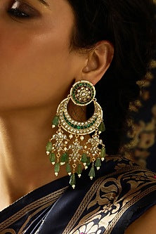 Gold Finish Kundan Polki & Deep Green Stone Chandbali Earrings