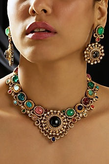 Gold Finish Multi-Colored Stone Necklace Set