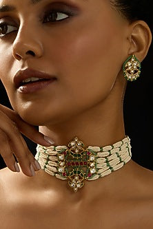 Gold Finish Rajwadi Motifs & Pearl Choker Necklace Set