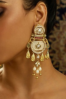 Gold Finish Red & Green Stone Chandbali Earrings