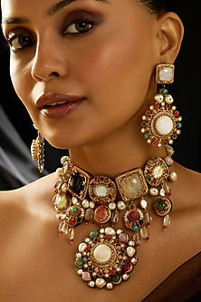 Gold Finish Multi-Colored Stone Necklace Set
