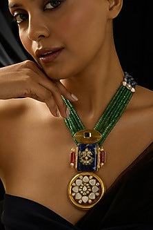 Gold Finish Emerald Green Beaded Necklace
