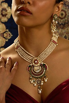 Gold Finish Rajwadi Motifs & Multi-Colored Stone Necklace Set