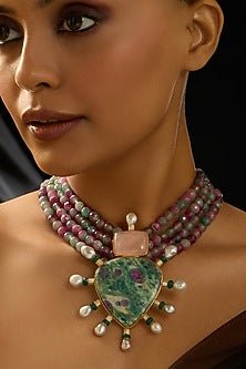 Gold Finish Pink & Green Beaded Necklace