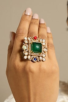 Gold Finish Green Stone Prism Square Ring