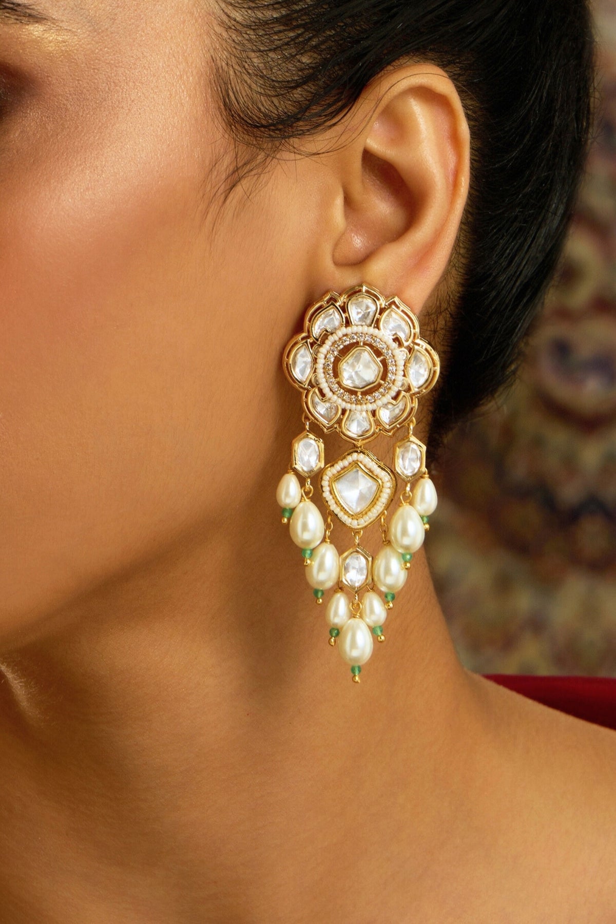 Gold Finish Kundan Polki Stone Drop Earrings