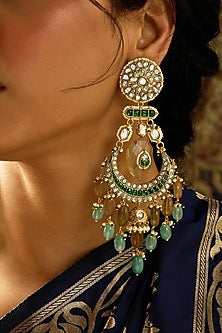 Gold Finish Green & Yellow Stone Chandbali Earrings