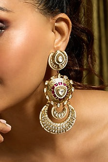 Gold Finish Kundan Polki & Red Stone Dangler Earrings