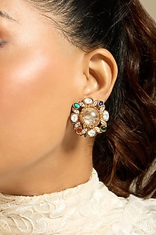 Gold Finish Multi-Colored Textured Stone Stud Earrings