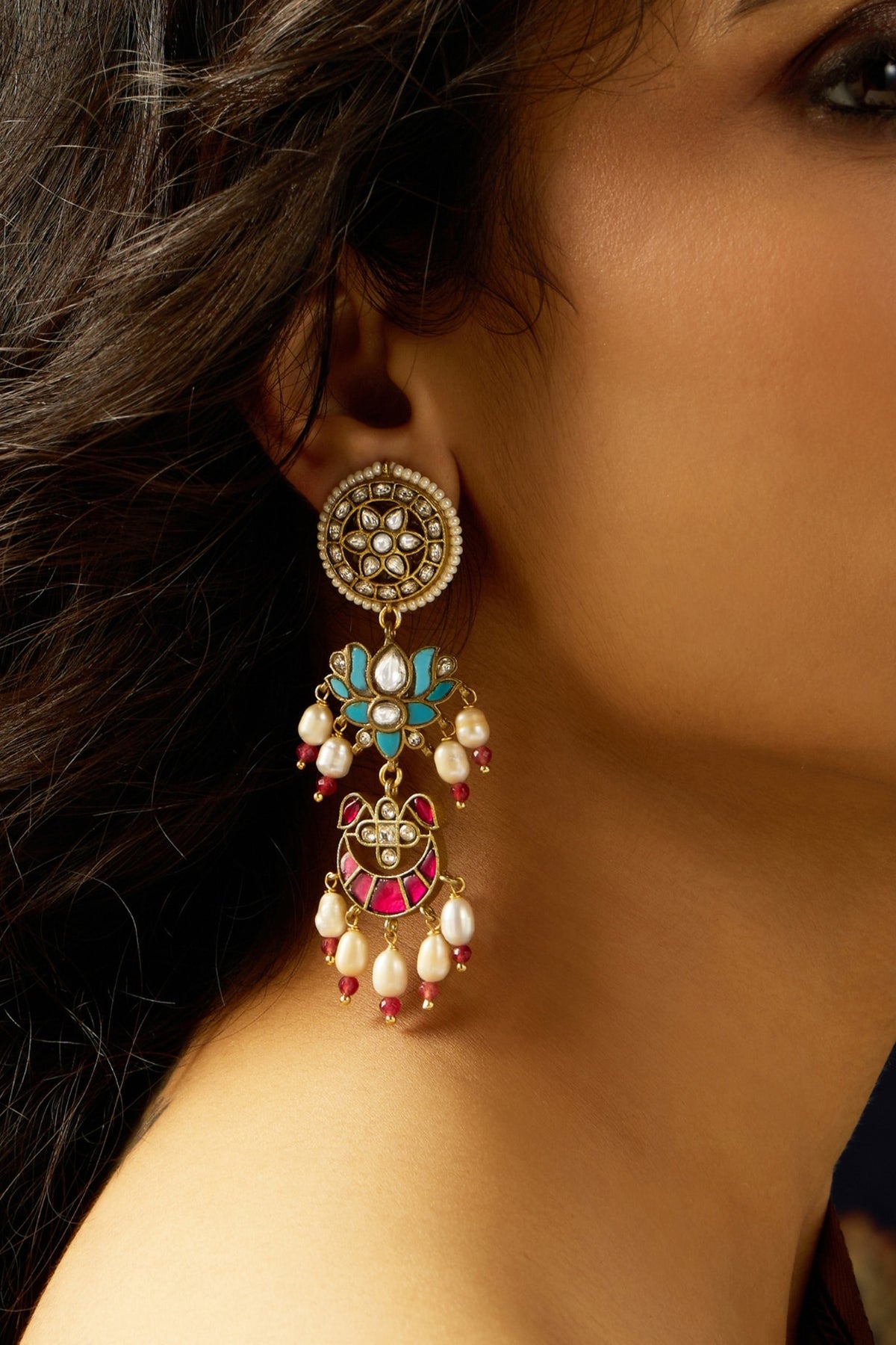 Gold Finish Rajwadi Motifs & Multi-Colored Stone Dangler Earrings