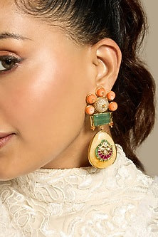 Gold Finish Green & Orange Stone Floral Dangler Earrings