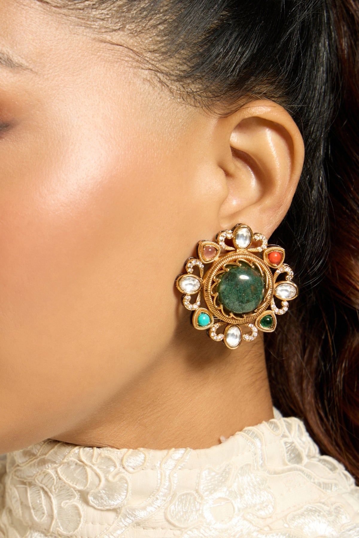 Gold Finish Green Stone Stud Earrings