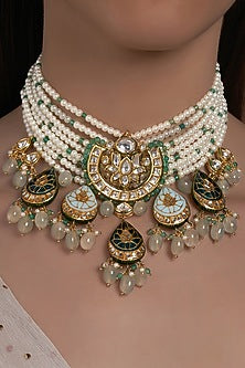 Gold Finish Shell Pearls & Meenakari Necklace
