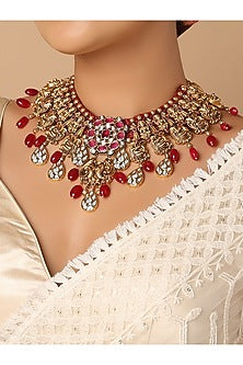 Gold Finish Agate & Ruby Necklace
