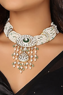 Gold Finish Kundan Polki & Pearls Necklace