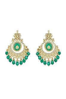 Gold Finish Green Beaded Chandabali Earrings
