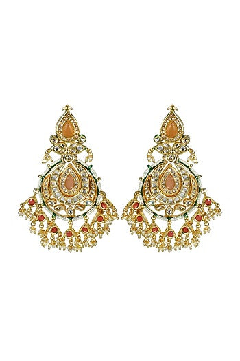 Gold Finish Orange Jadtar Stone & Kundan Polki Dangler Earrings