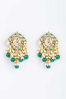 Gold Finish Green Drop Stud Earrings