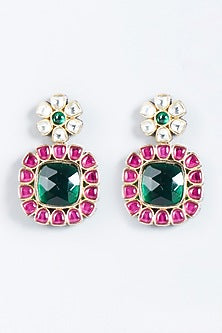 Gold Finish Red & Green Stone Stud Earrings