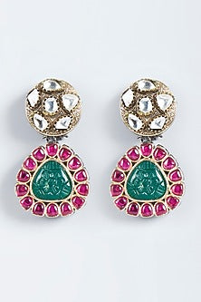 Gold Finish Pink & Green Stone Stud Earrings