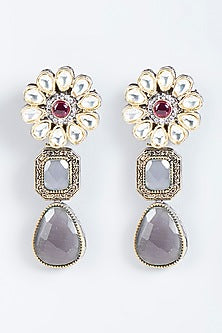 Gold Finish Kundan Polki & Grey Stone Stud Earrings