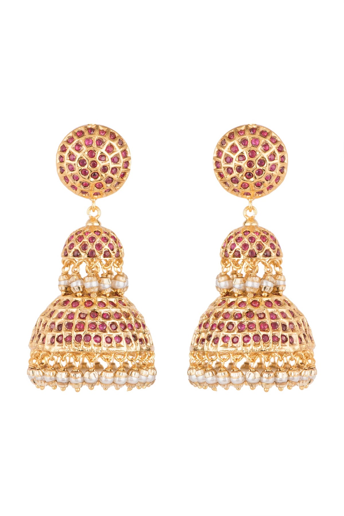 Gold Finish Semi-Precious Red Stones Jadtar Jhumka Earrings